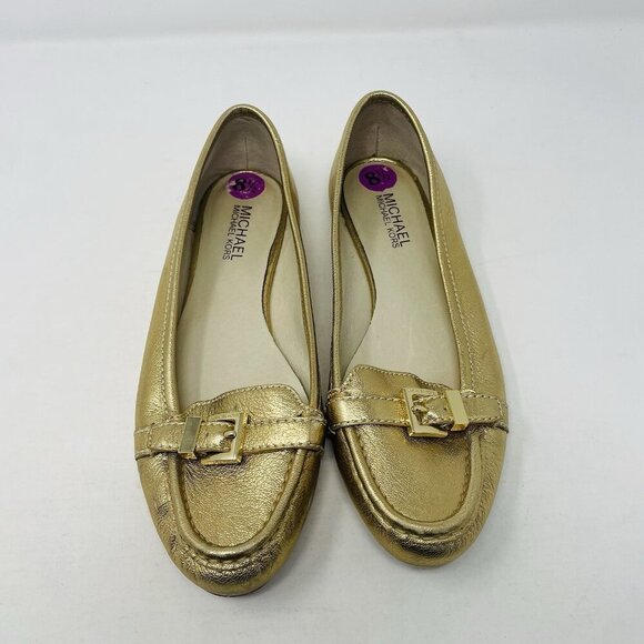MICHAEL Michael Kors Womens Size 8.5 Leather Buckle Detail Loafers in Gold S5 - Picture 3 of 9